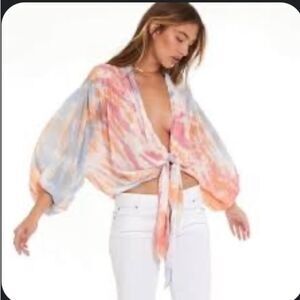 Young Fabulous & Broke Dye Carmen Tie front top Pink & Orange